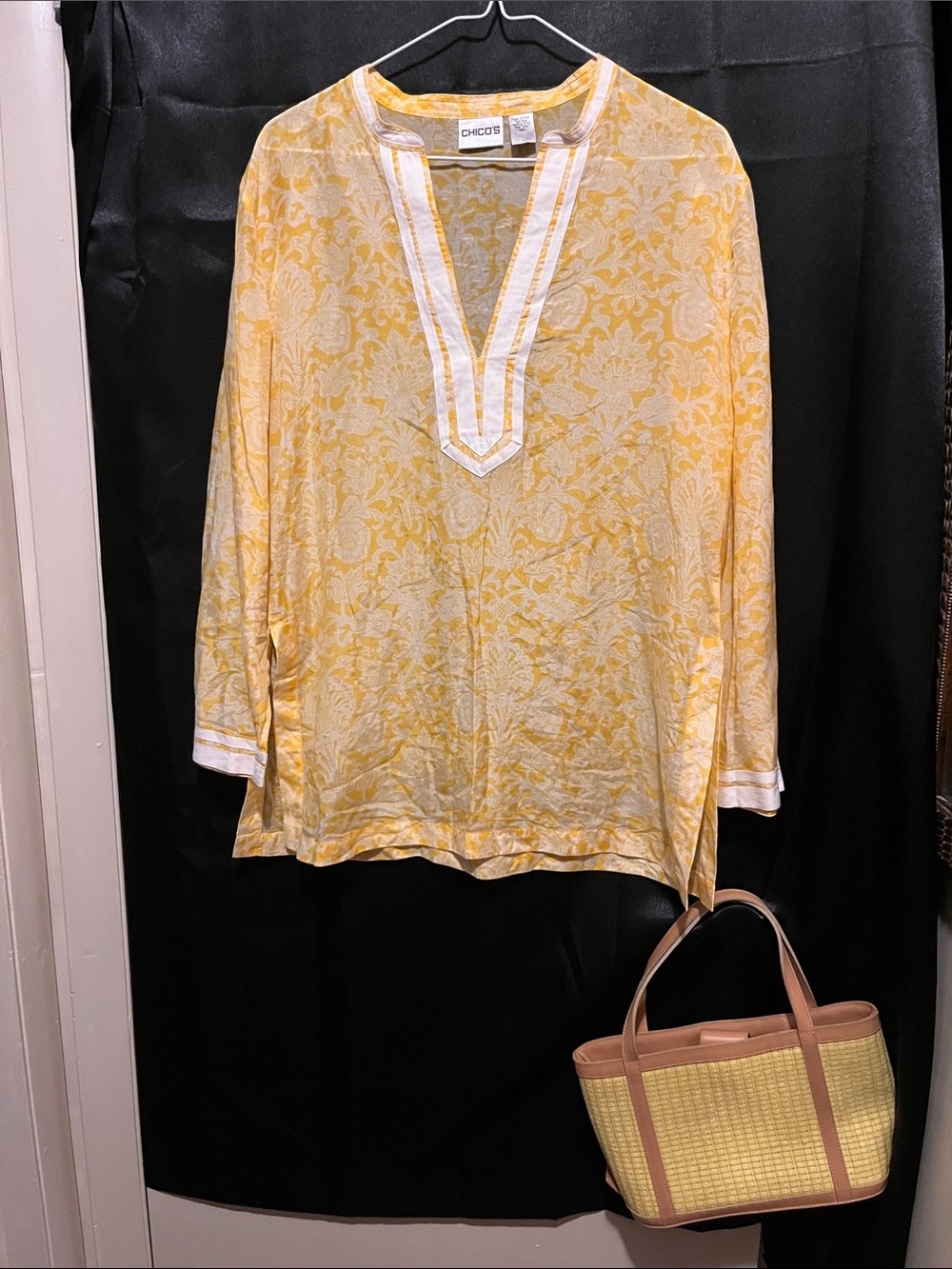 Chico's Yellow Paisley V-Neck Tunic with White Trim